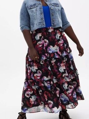 Black Floral Chiffon Tiered Maxi Skirt